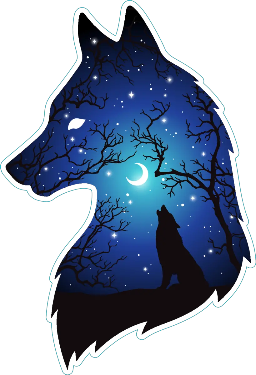 Silhouette Of Wolf Moon And Stars Double Exposure Sticker Moon Wolf Png Moon Silhouette Png