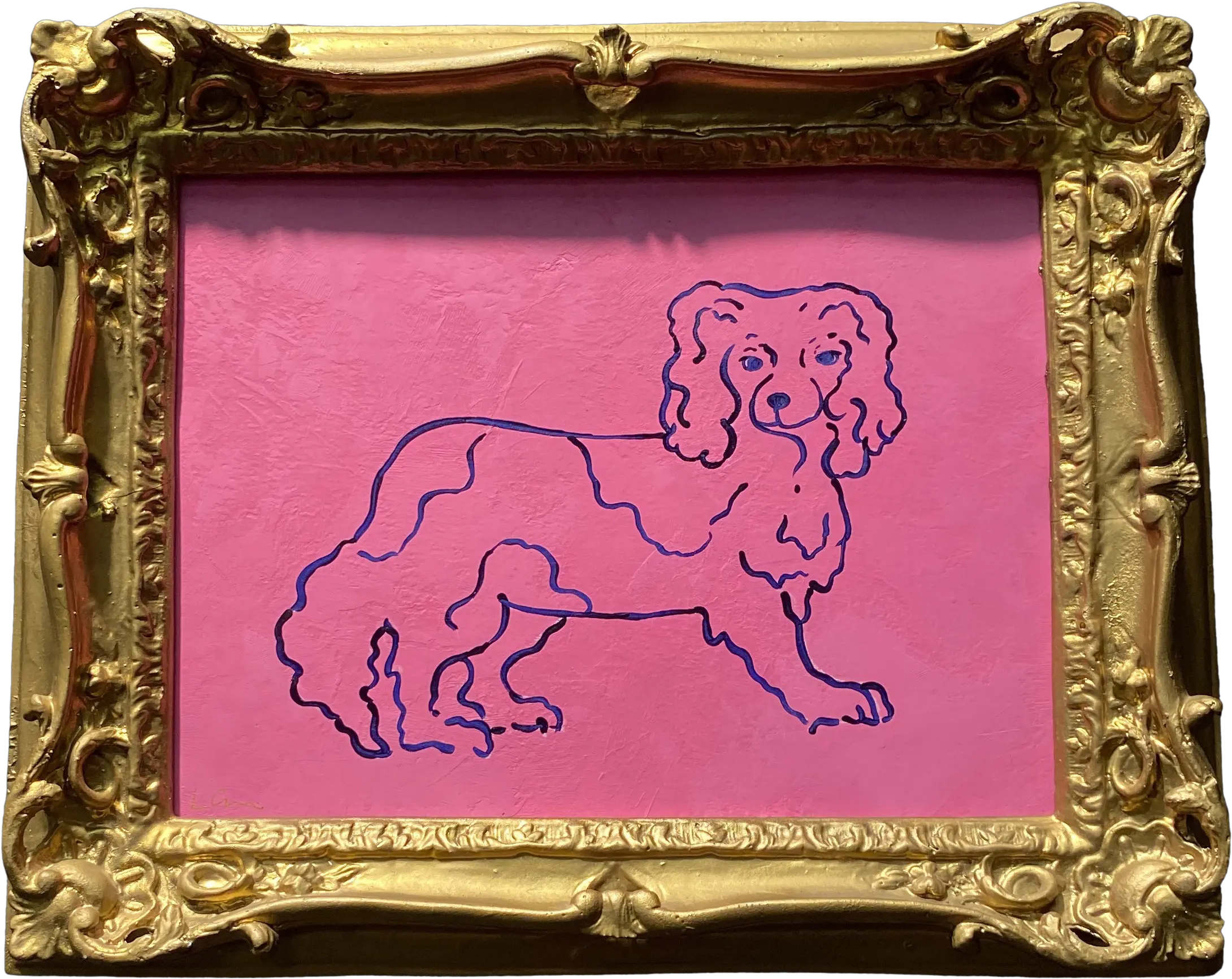 Vintage Original Pink Dog Art In Gold Picture Frame Png Vintage Gold Frame Png